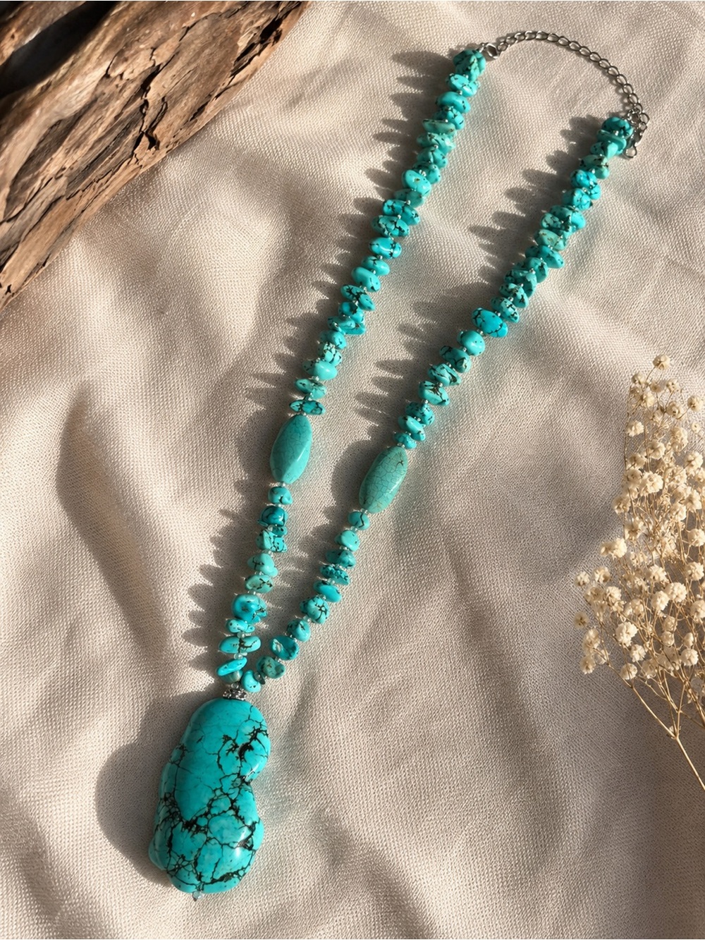Southwestern Boho Turquoise-Colored Statement Necklace | Chunky Pendant | 19”